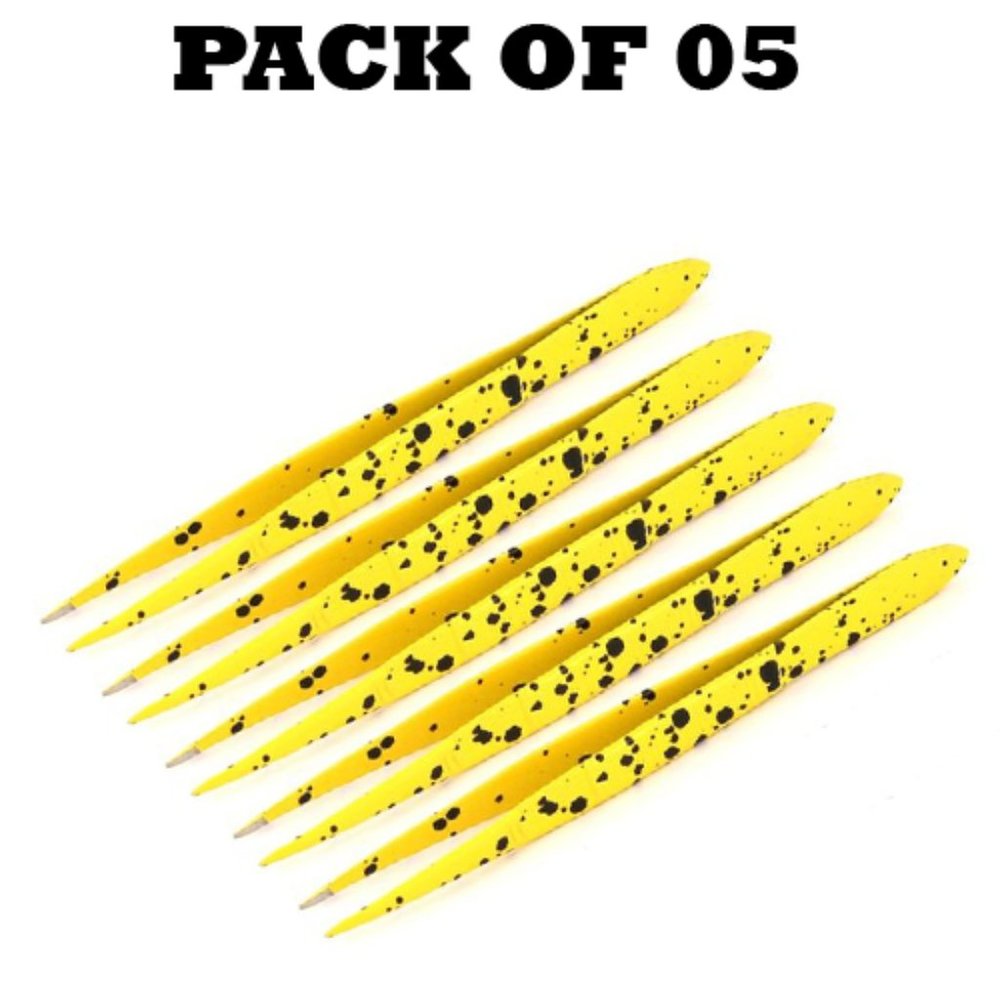 Professional Stainless Steel Dotted Paper Coatted Yellow Tweezers Pack of 05